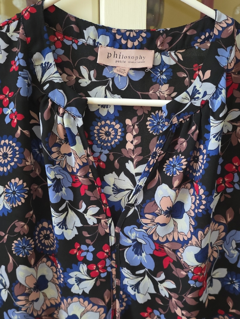 Philosophy Petite Black Floral Top with Blue, Red & Cream Blooms